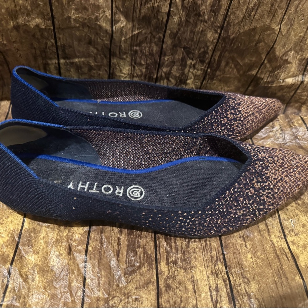 Rothy's Womens Midnight Metallic Point Knit Ballet Flat Shoes Gold Blue Size 10